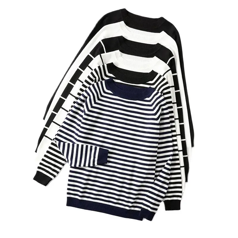 

TuangBiang Autumn Loose 2023 New Apricot Stripes O Collar Pullovers Long Sleeve Winter Sweater Korean Women Fashion Knitted Tops