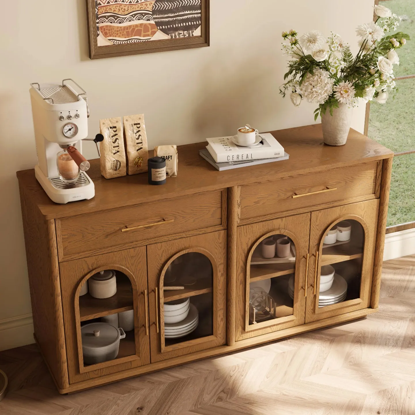 Retro solid wood dining side cabinet, antique arched glass door storage cabinet, light luxury large-capacity storage cabinet