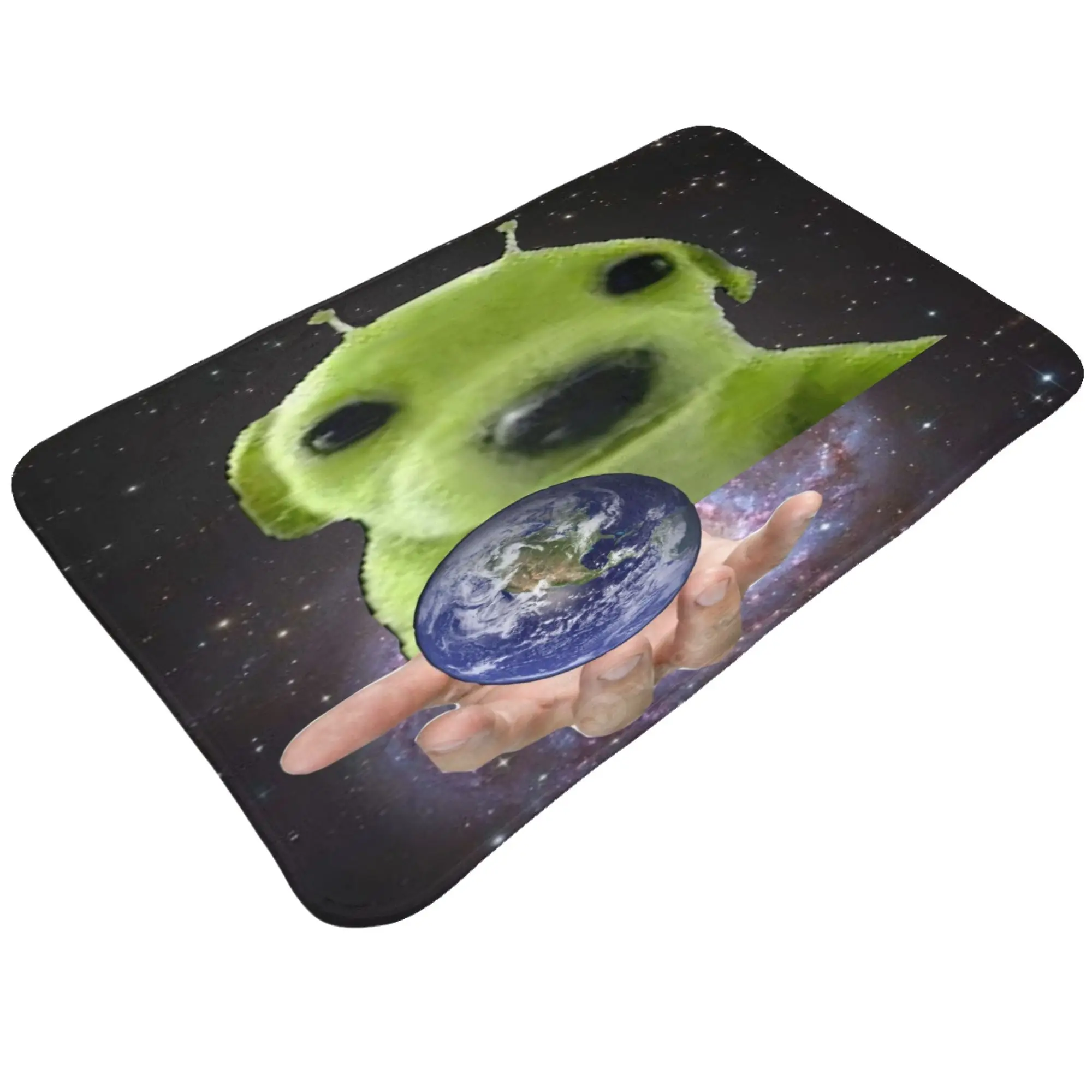Green Alien Puppy Holding Earth Space Art Anti-Slip Doormat Living Room Mat  Floor Indoor Home Decor