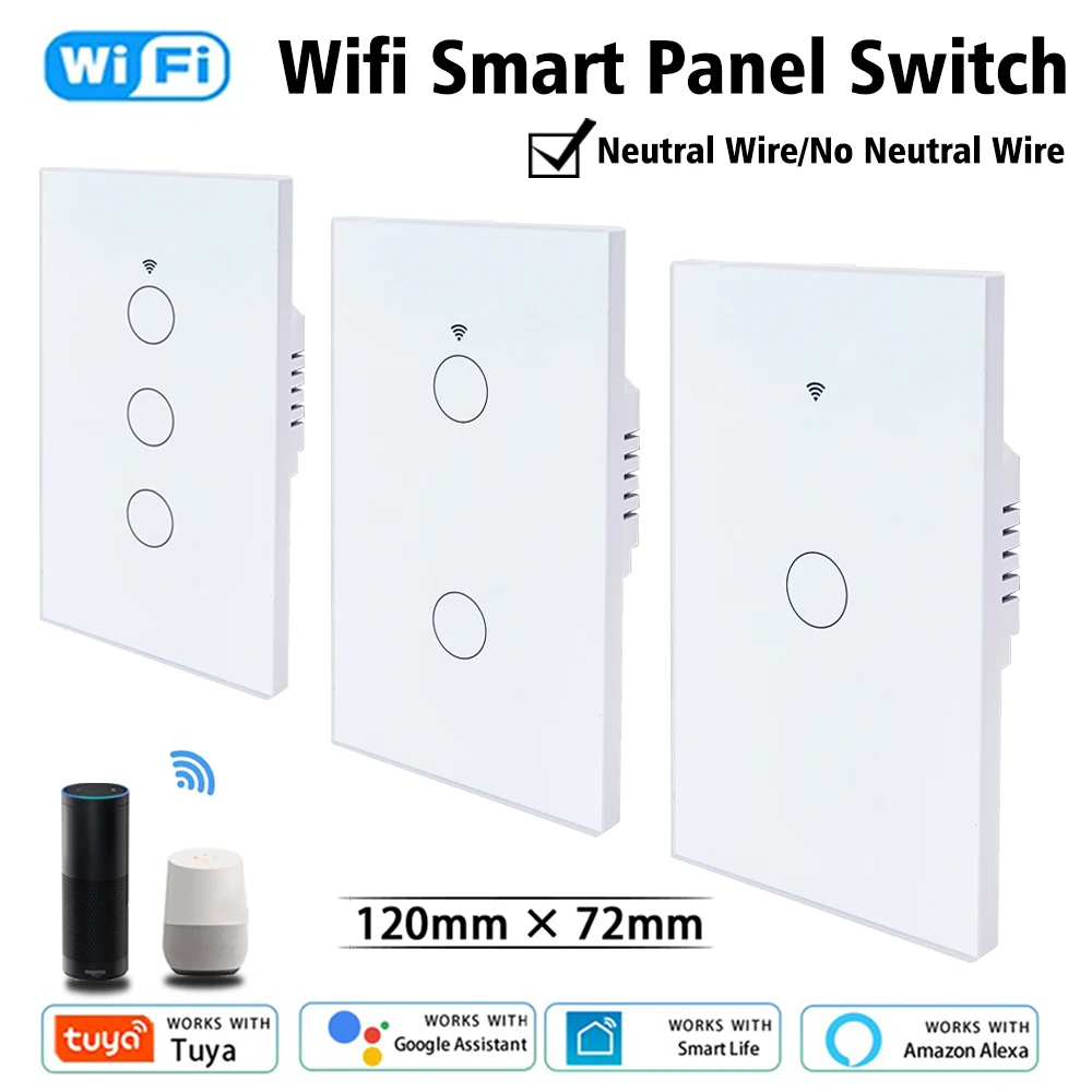 Tuya WiFi Smart Wall Switch NO Neutral Wire Required 1/2/3 Gang Smart Touch Switch Works With Smart Life APP Alexa Google Home