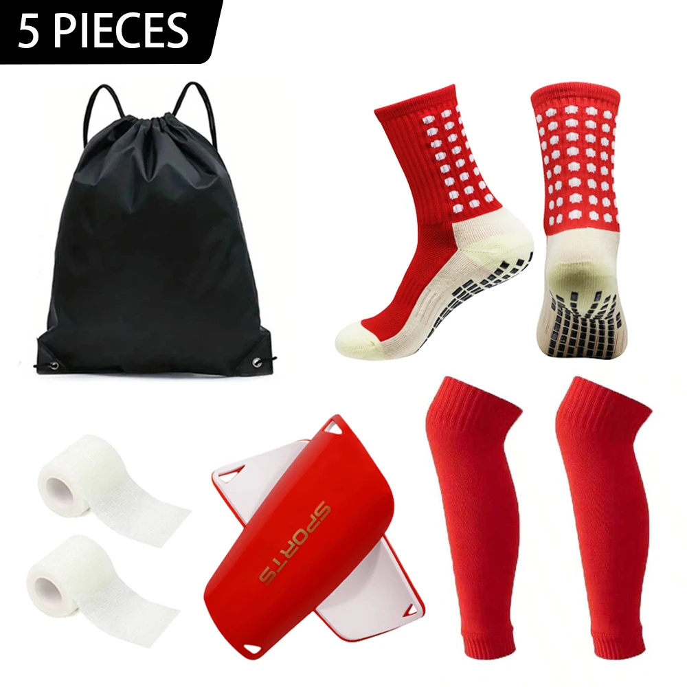

5PCS Set Drawstring Ball bag Football Sock Men Women Leg Guards Shin Pad for Sports Training Leg Cover Grip Soccer Socks Bandage