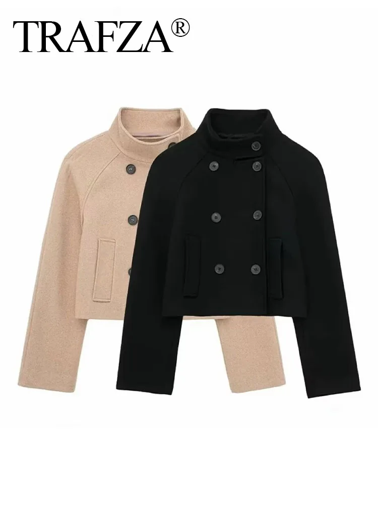 

TRAFZA Fashion Woman Long Sleeves Stand Collar Slim Coat Women Autumn Casual Double Breasted Pocket Decorate Solid Short Jacket