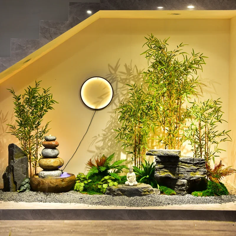 

Indoor flowing water ornament circulating landscape under the stairs rockery stone landscaping simulation bamboo