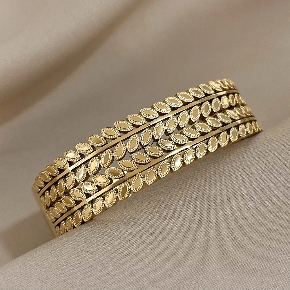 Greatera Chunky Layered Leaf Stainless Steel Bangles Bracelet for Women Gold Plated Wheat Wide Cuff Bracelet Waterproof Jewelry