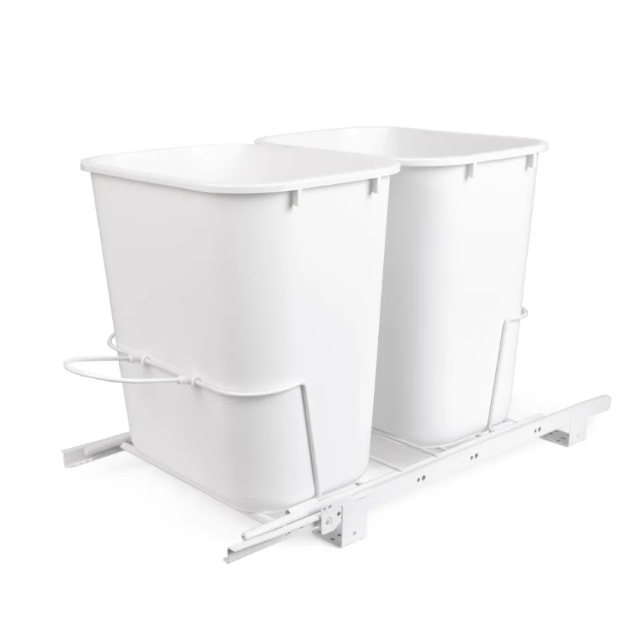

6 Gallon Double Pull Out Waste Basket Drawer Set of 2 for Kitchen Storage Solutions - White Modern Design with Smooth Gliding M