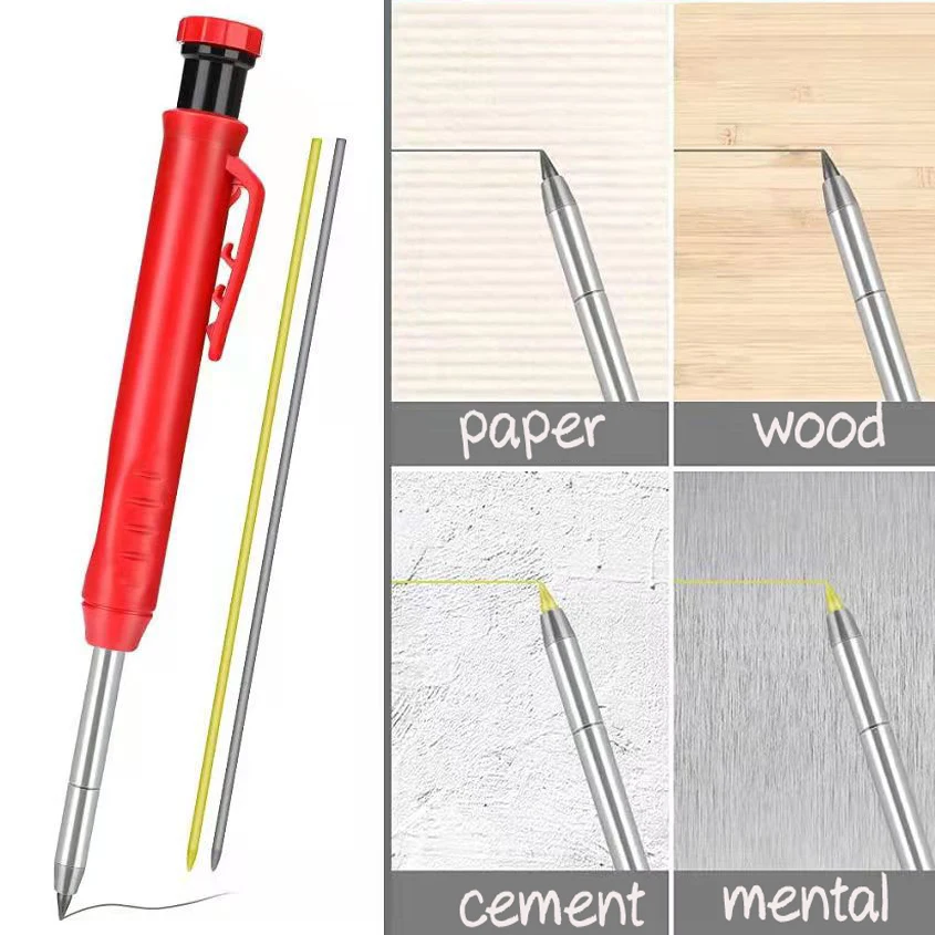 Solid Carpenter Pencil With Refill Long Nosed Deep Hole Mechanical Pencil Marker With Built-In Sharpener For Carpenter Wood