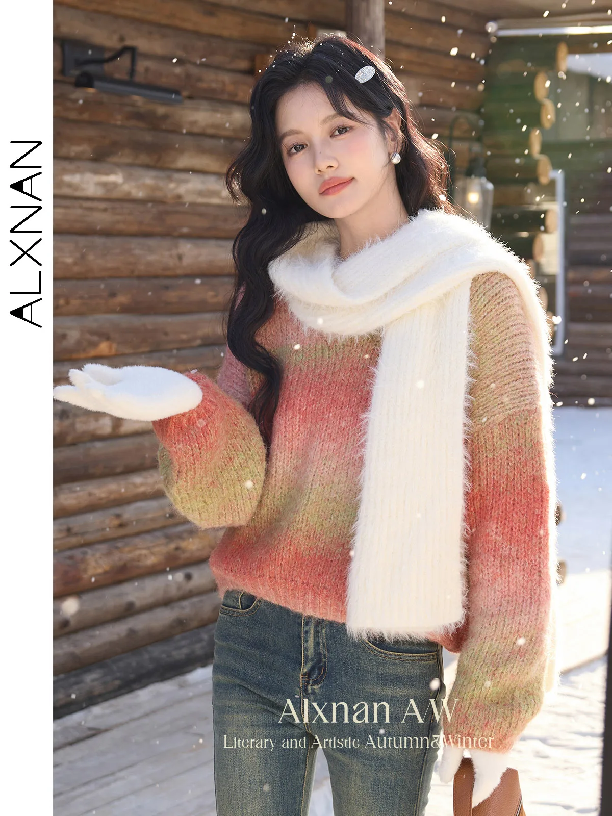 

ALXNAN Women's Languid Striped Sweaters Lace Patchwork V-neck Drop Long Sleeve Loose Jumper 2024 Winter Warm Knitted Top L523107