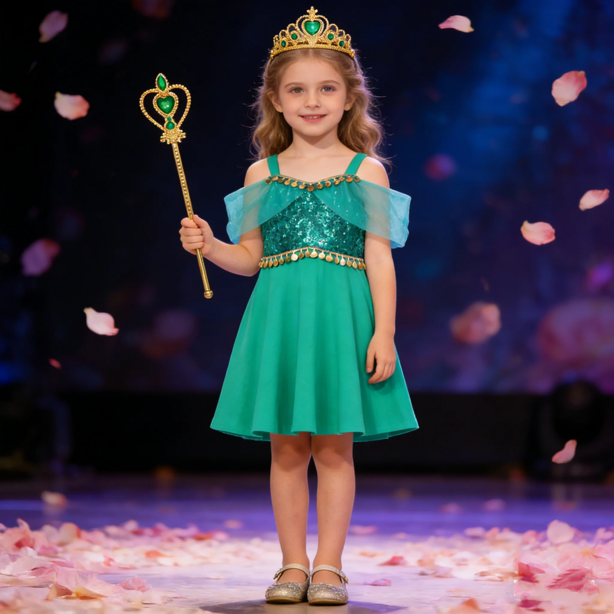  Girls Jasmine Inspired Sequin Off-Shoulder Dress with Crown Wand & Jewelry Set Summer Children's Party Performance Costumes