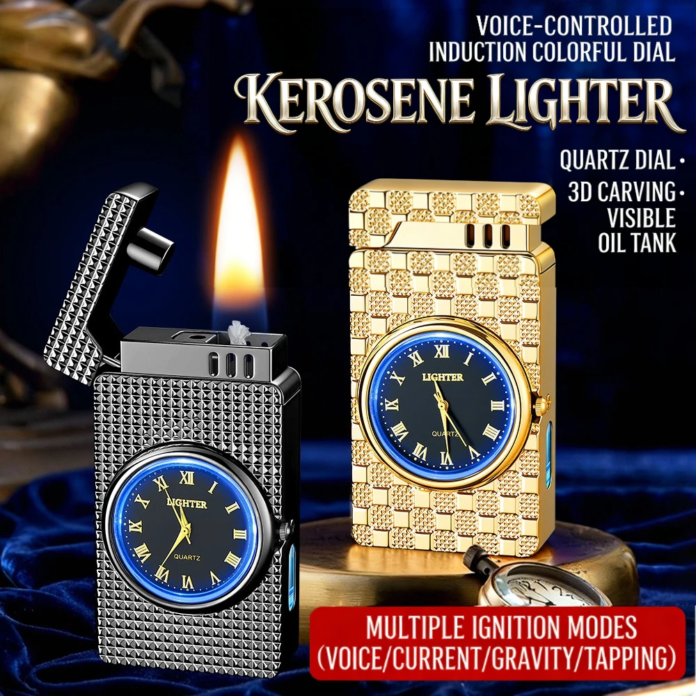 

Smart Watch-Style Coal oil Lighter – Voice/Gravity/Tap Sensor Ignition, LED Colorful Lights, Visible Oil Tank Gift