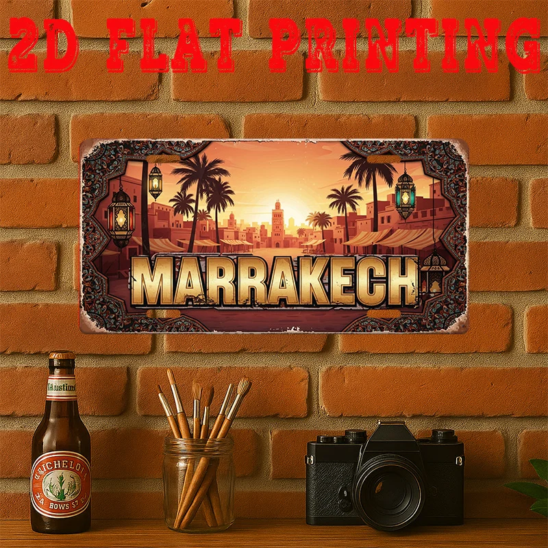 Morocco Marrakech Sunset Souk 2D Flat Printing License Plate Style Metal Tin Sign, North African City Themed Decorative Aluminum view 2