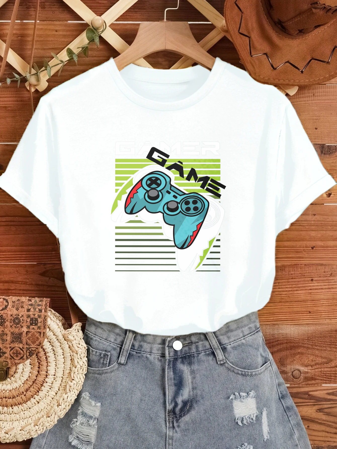 

Women's T-shirts Chinese style Women's clothing anime t shirts Casual 100% cotton Gamer Controller Retro Design printed tee