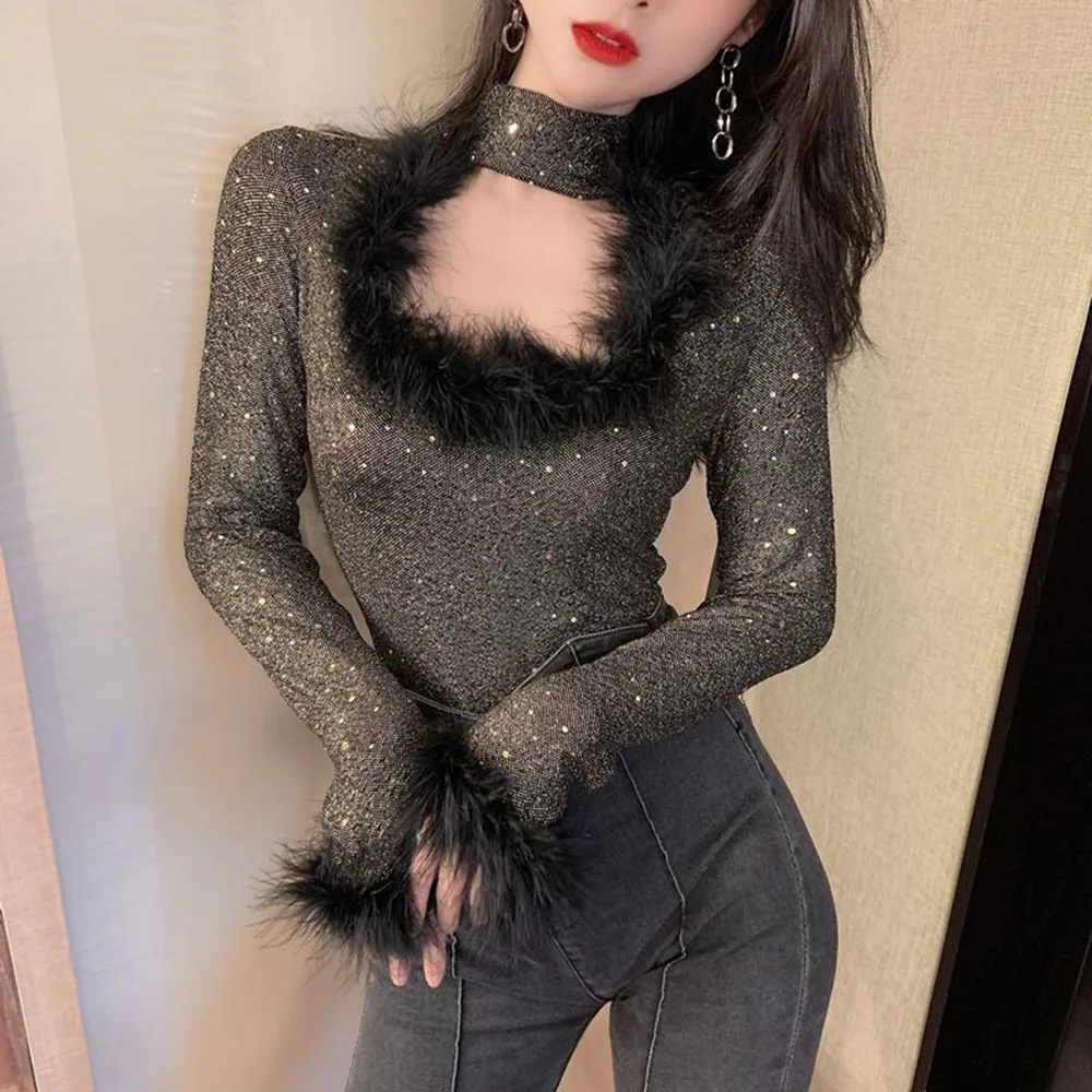 New Autumn Winter Shiny T-shirts Slim Fit Top Women's Fur Splice Ins Fashion Woman Blouses 2022 Korean Ladies Sexy Tees Tops