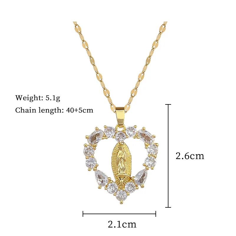 Stainless Steel Chain Religious Zircon Heart Virgin Mary Pendant Necklace for Women Lady Classic Jewelry Accessories Gifts