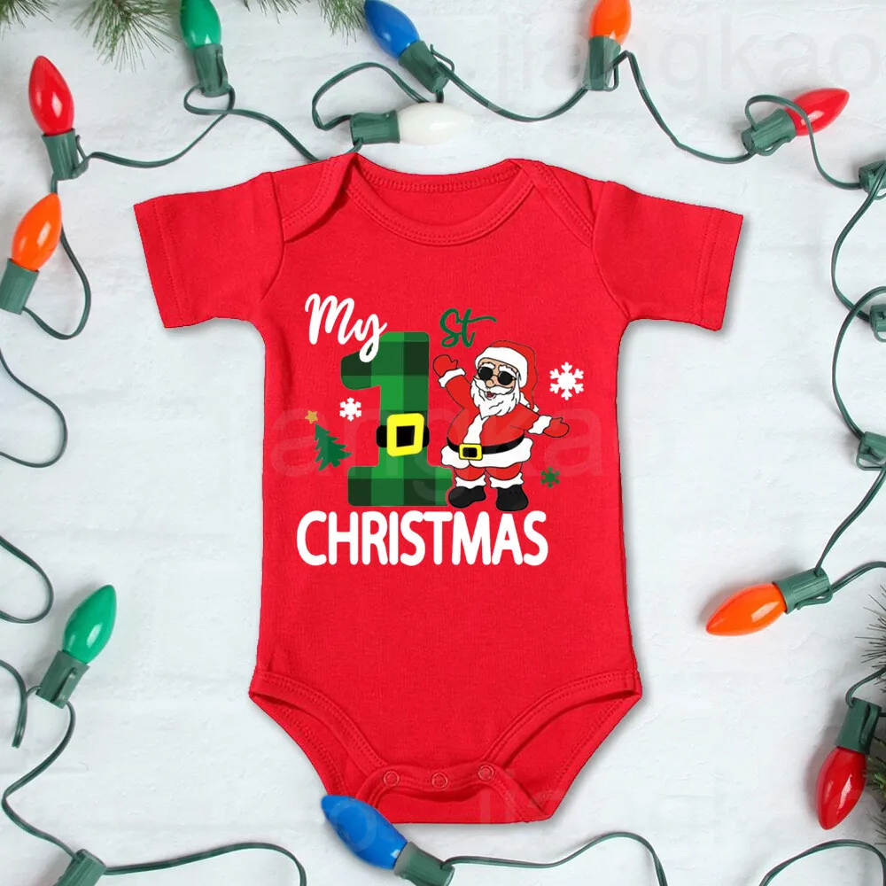 It\'s My 1st Christmas Print Baby Bodysuit Infant Xmas Outfit Romper Newborn Cotton Short Sleeve Jumpsuit Toddler Baptism Clothes