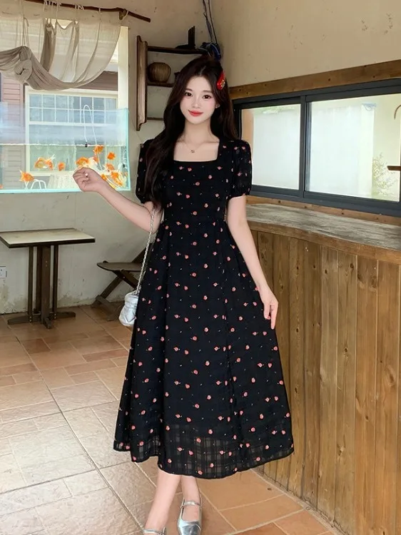 

plus Size Floral Print Puff Sve Square Ne Summer New Sle Women's Dr Waist Cinching Long Dr Korean Sle Slim Fit