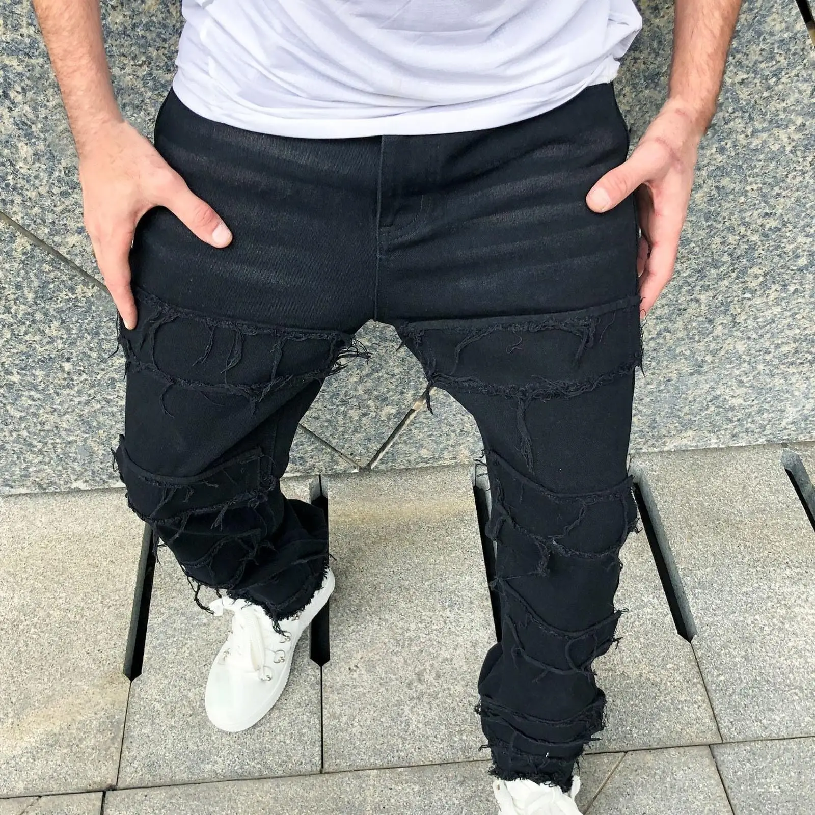 Men\'s Solid Color Retro Frayed Ripped Design Streetwear Daily Wear Black Loose Straight Leg Jeans Outdoor Workwear Trousers Y2K