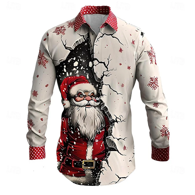 Kerst Santa Peperkoek Sokken Casual Heren Knoop Lange Mouw Feest Avond Herfst Winter Revers Shirt 3d Afdrukken Dun