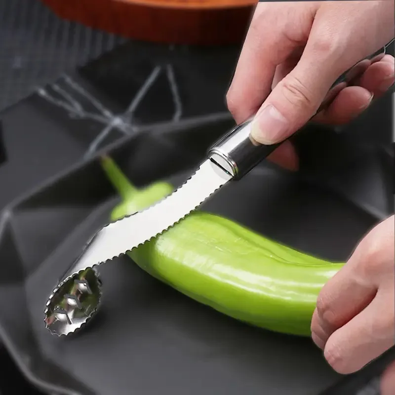 Bell Pepper Seed Remover, 8.86 Inch Stainless Steel Corer with Serrated Edge, Effortless Coring Tool, Hangable for Easy Storage