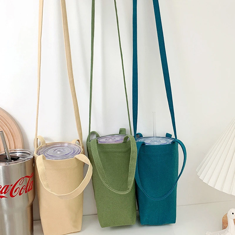 Water Bottle Bag Crossbody Simple Solid Color Cup Protector Portable Canvas Protective Sleeve With Strap Bottles Holder