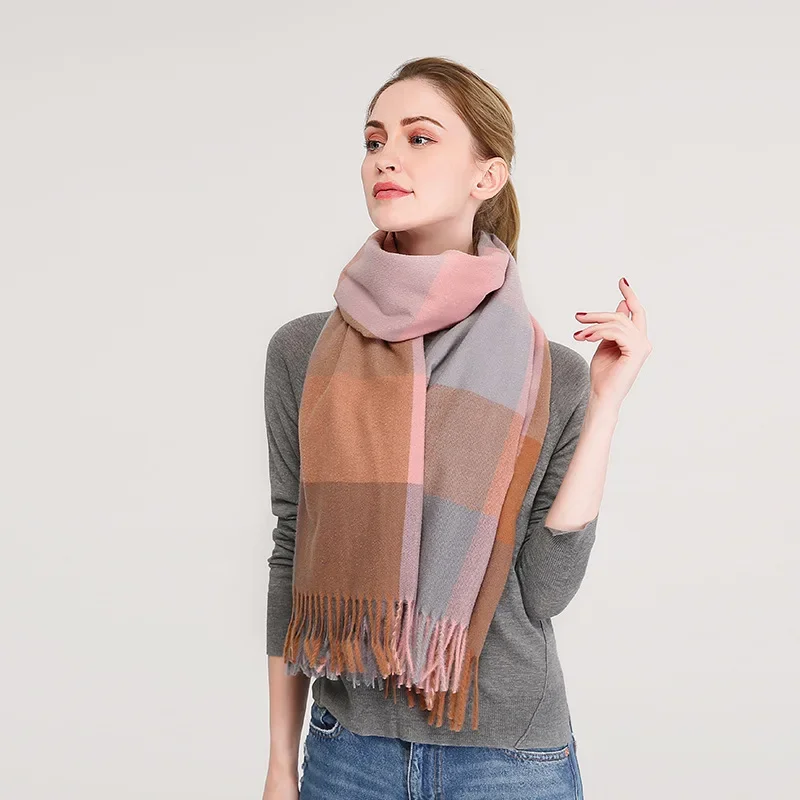 Manta de Cachemira cálida para mujer, Bufanda de viaje de invierno, Pashmina a cuadros, chal grueso con borla, Poncho informal, nueva moda