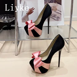 Liyke Sexy Fetish Stripper High Heels Pole Dance Shoes Spring Fashion Pink Silk Bowknot Round Toe Stiletto Women Platform Pumps