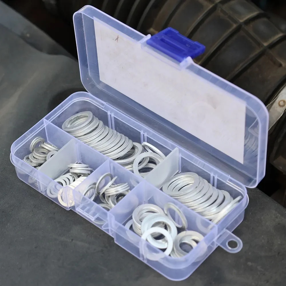 100pcs/box Aluminium Washers 6 sizes Oil Drain Plug Gaskets Flat Metal Fittings Tightness Seals Combination Kit