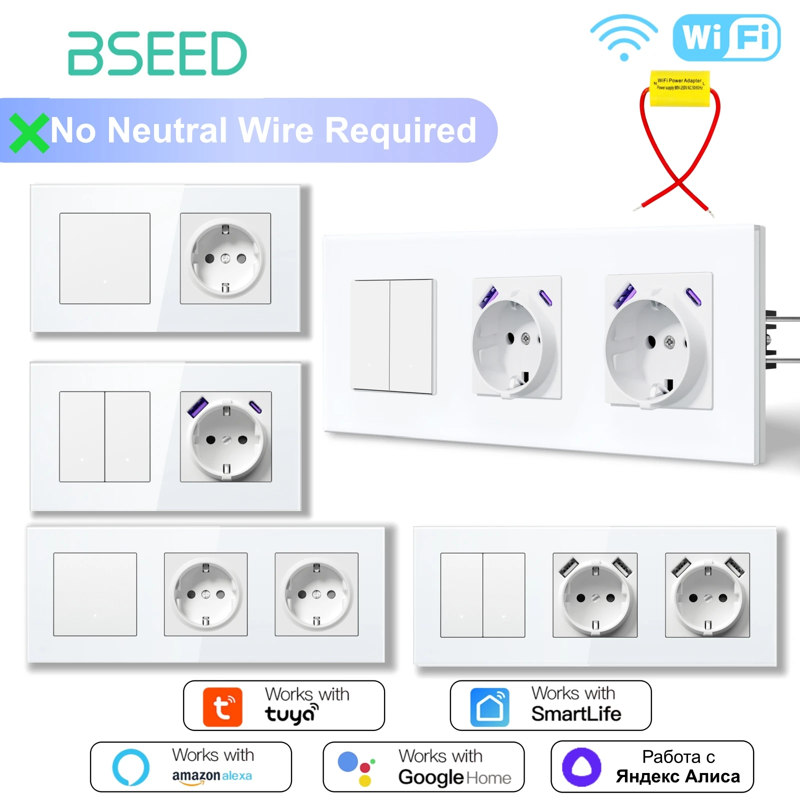

Умные Wi-Fi выключатели BSEED с одним проводом, настенные, с розеткой EU и быстрой зарядкой USB Type-C для Tuya Smart Life