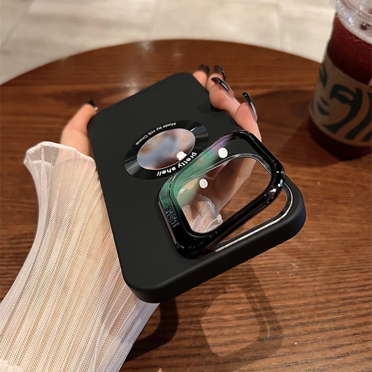 

Logo Hole Fashion Phone Case for iPhone 14 13 Pro Max 14 ProMax Plus Lens Protection Shockproof Folding Bracket PC Hard Cover