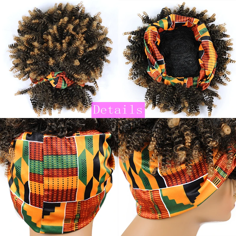 Short Afro Kinky Curly Headband Wig 2 In 1 Turban Wigs for Black Women Synthetic Wrap Wig Soft Fluffy Heat Resistant Fiber Hair