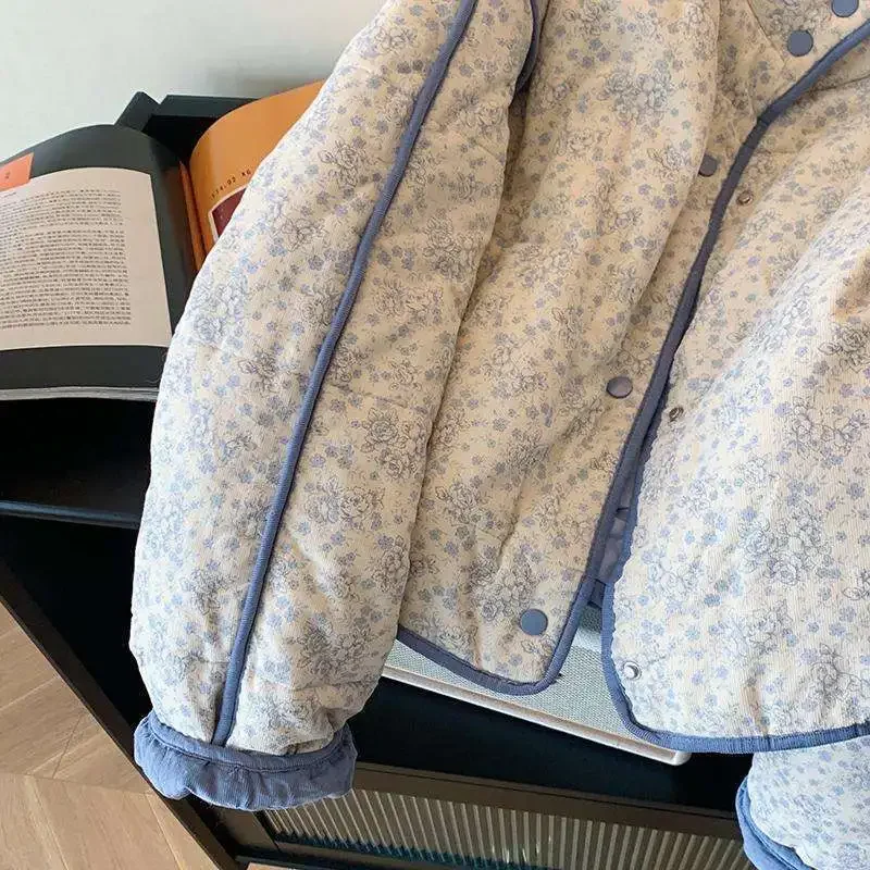 Zimní prošívaná bunda pro ženy, květinový manšestr, volný bavlněný prošívaný kabát, tlustá ležérní prošívaná bunda, svrchní oblečení pro ženy - náhled 4
