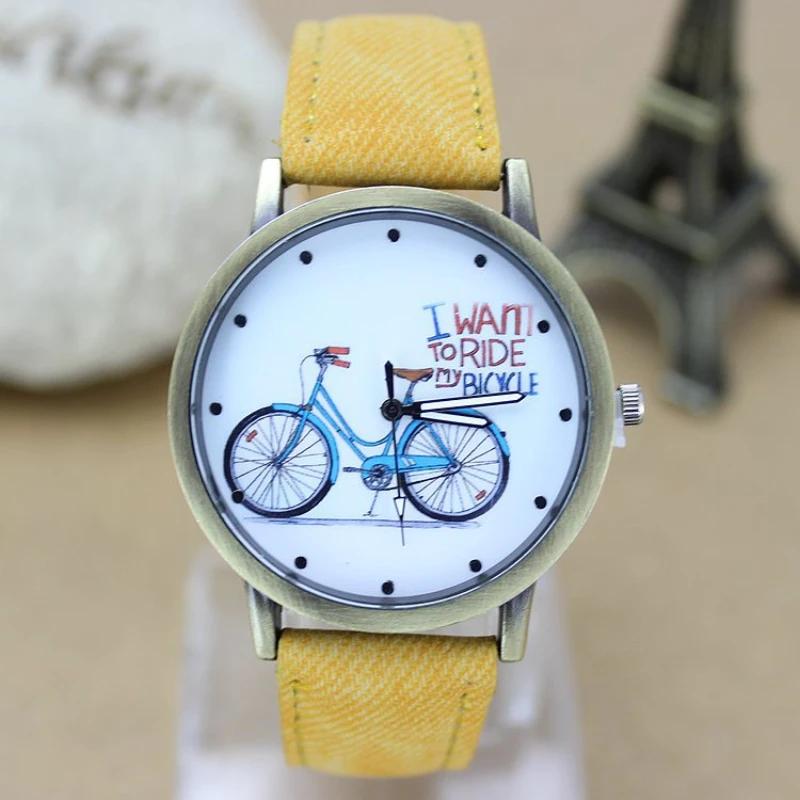 Neue Mode Fahrrad Frauen Uhr Jean Stoff Lederband Kleid Damen Casual Quarz Uhren Relogio Feminino