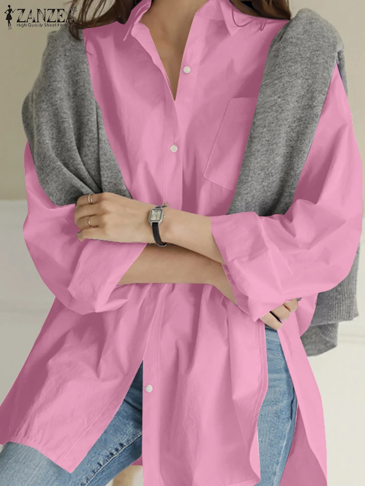 ZANZEA 캐주얼 긴 소매 Chemise Femme Turn-Down Colar Oversize Woman Rounded Hem Camisas 2025 봄 스트리트웨어 롱 셔츠