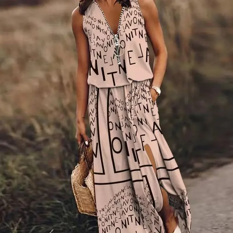 女性の夏の休日固体マキシドレスジッパーアップ V ネックノースリーブポケットフロントスプリット自由奔放に生きるビーチミディドレスカジュアルローブ Vestido