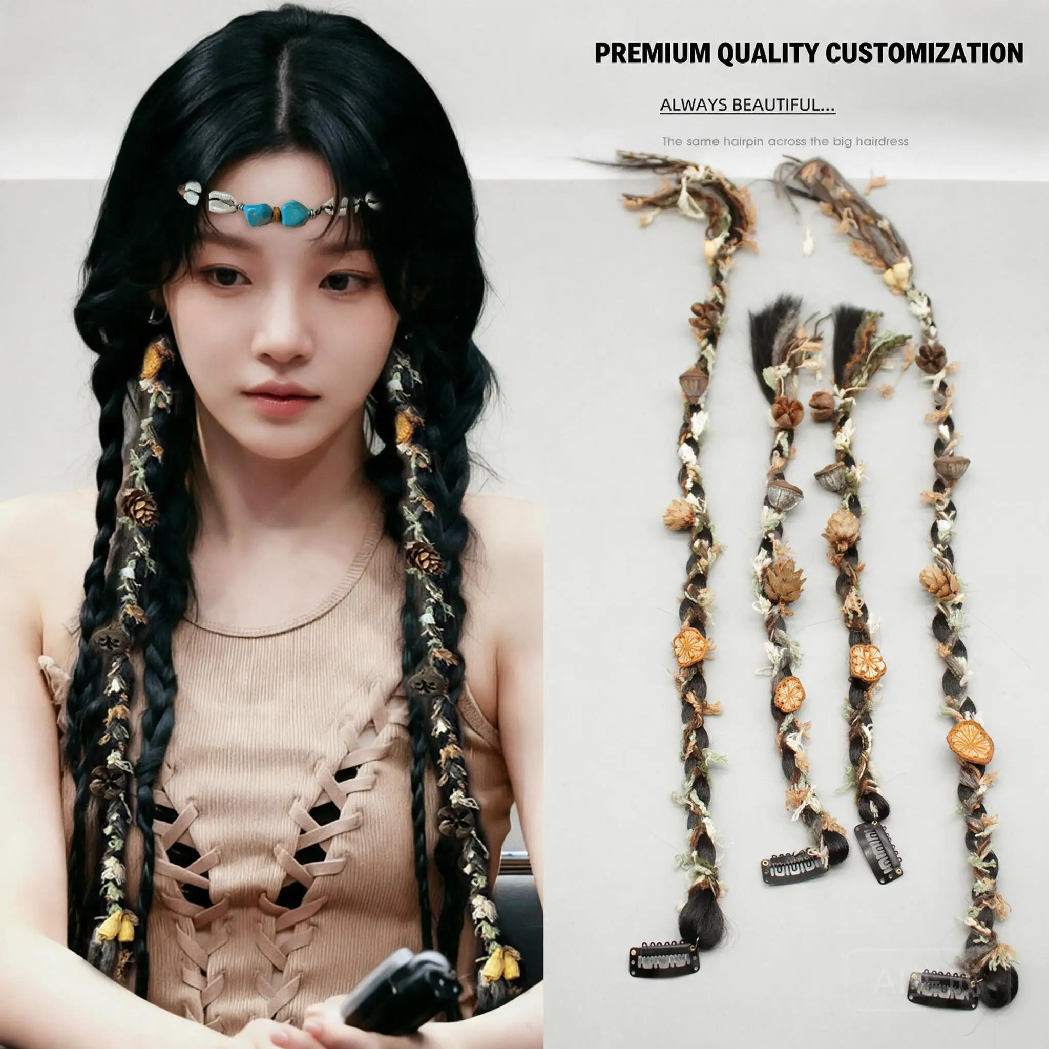 Handmade Boho Ethnic Vintage Tibetan Braided Yarn Woven Hair Ties Natural Dried Pinecone Shell Head Chain Women Hair Accessories