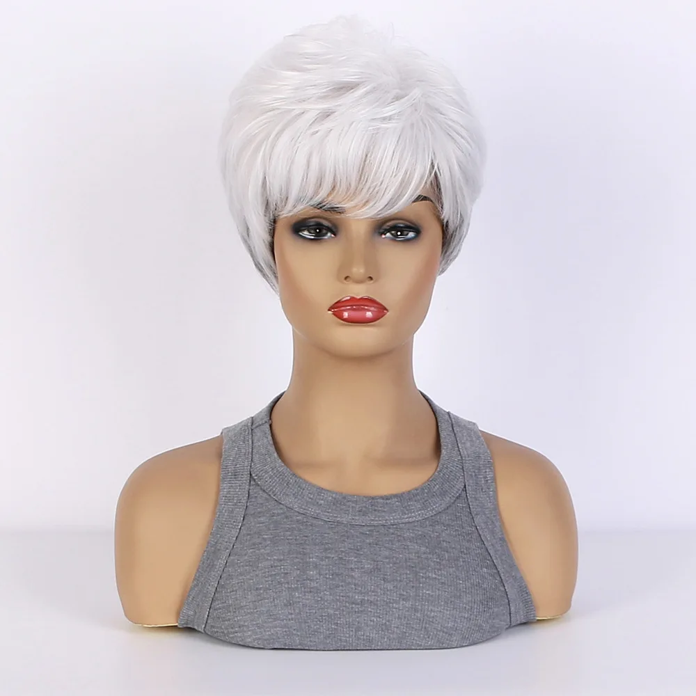 Synthetic  Short Mixed Gray White Wigs for Women Layered Pixie Cut Wigs with Bangs Wigs for White Women Fake Hair