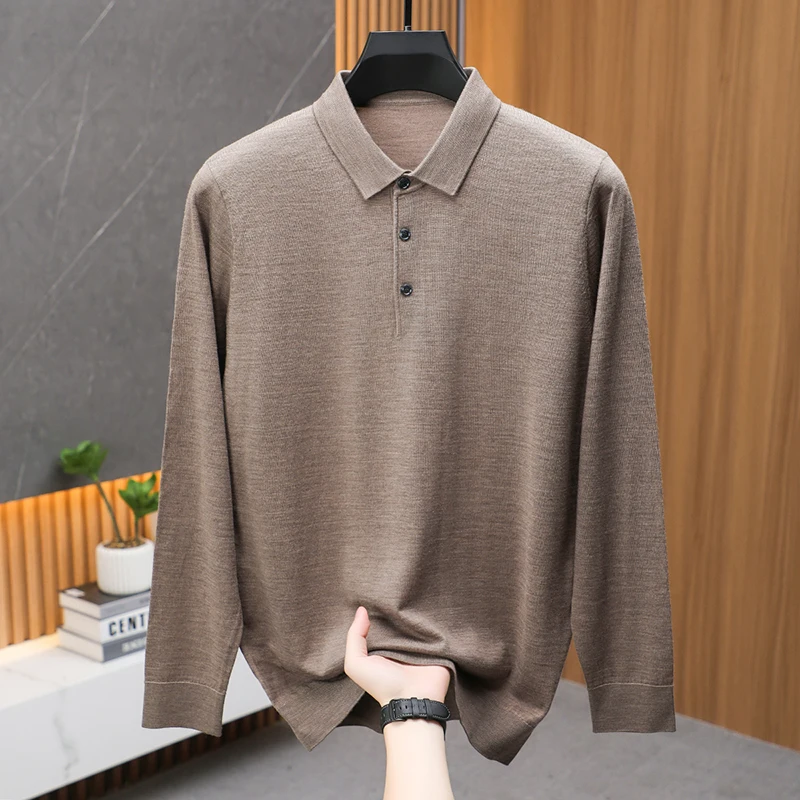 High Grade 100% Superfine Wool Polos Men Spring Autumn Classic Turn Down Knitwear Long Sleeve Worsted Wool Thin Tops Pullovers