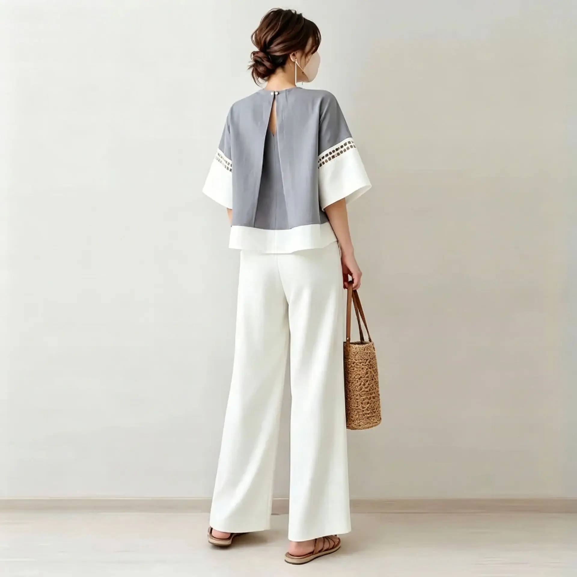 2026 New Two-piece Set: V-neck Color-block Hollow Out 5/4 Sleeve Top And Wide-leg Trousers Birthday Dress Midi Robe Vestidos - view 4