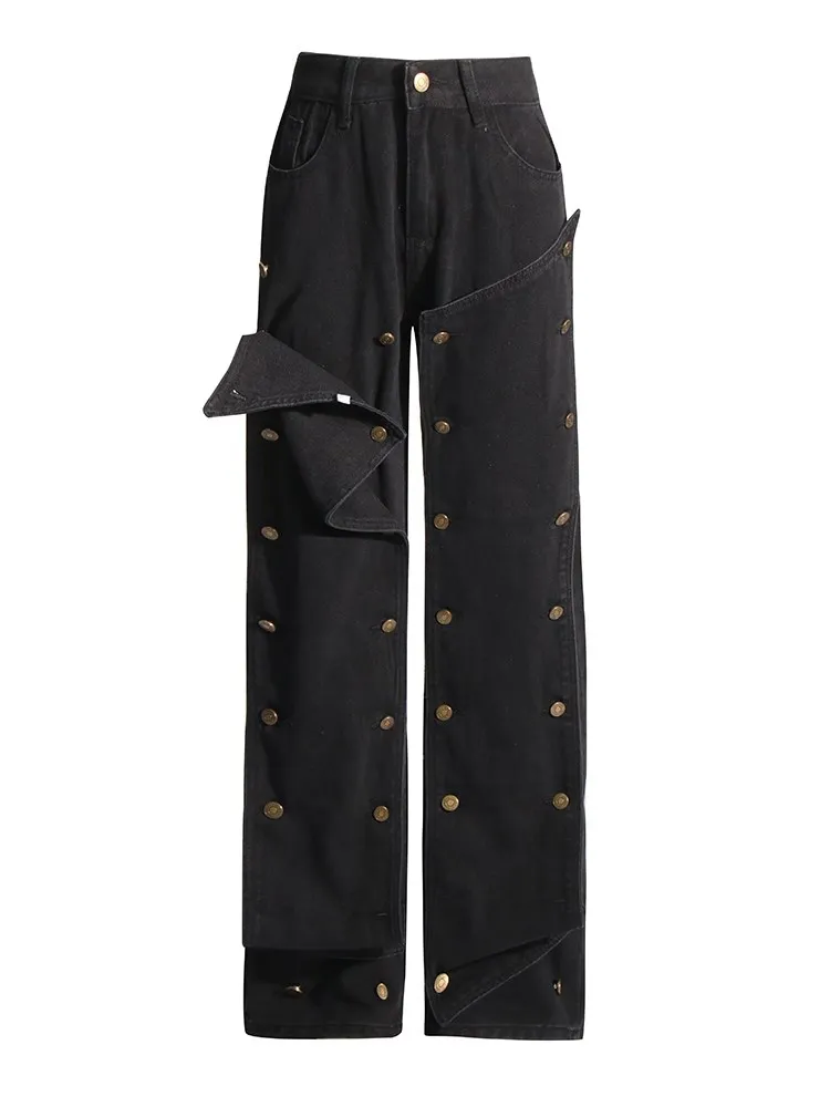 Pantalón vaquero desmontable con botones de retazos de estilo TWOTWINSTYLE para mujer, de cintura alta, con bolsillo empalmado, pantalones vaqueros