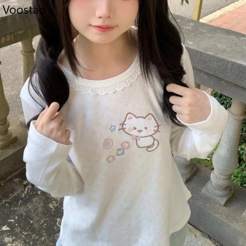 

Sweet Lolita T-Shirts Girls Cartoon Cat Embroidery Harajuku Lace O-Neck Tops Japanese Fashion Women Y2k Aesthetic Casual Tees