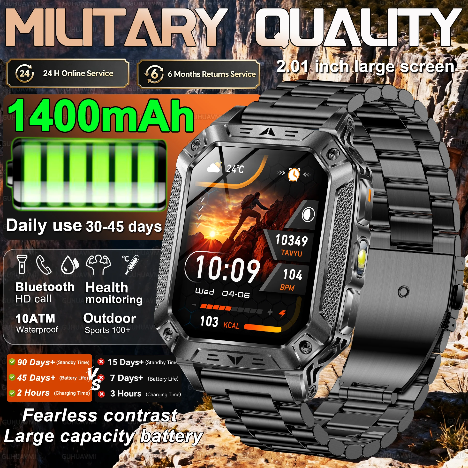 

2026 New 1400mAh Large Battery Military Outdoor 2.01 inches Smart watch Men 10ATM Waterproof Bluetooth Call Sports Smart Watch