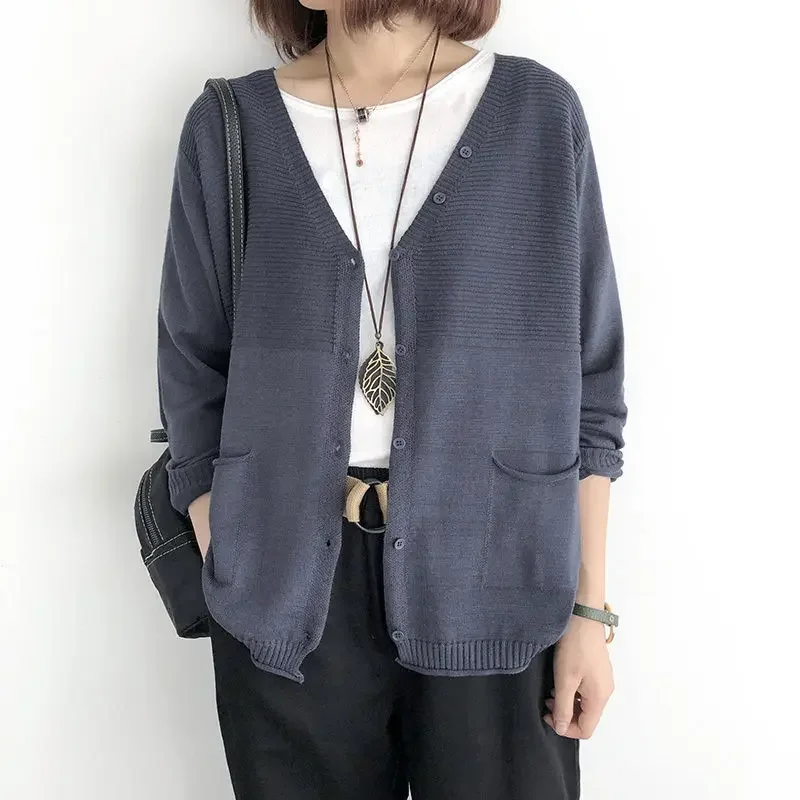 2024 Knitted Cardigan Women's Autumn and Winter New Loose Thin Coat Casual All-match V-neck Long-sleeved Sweater Top E126