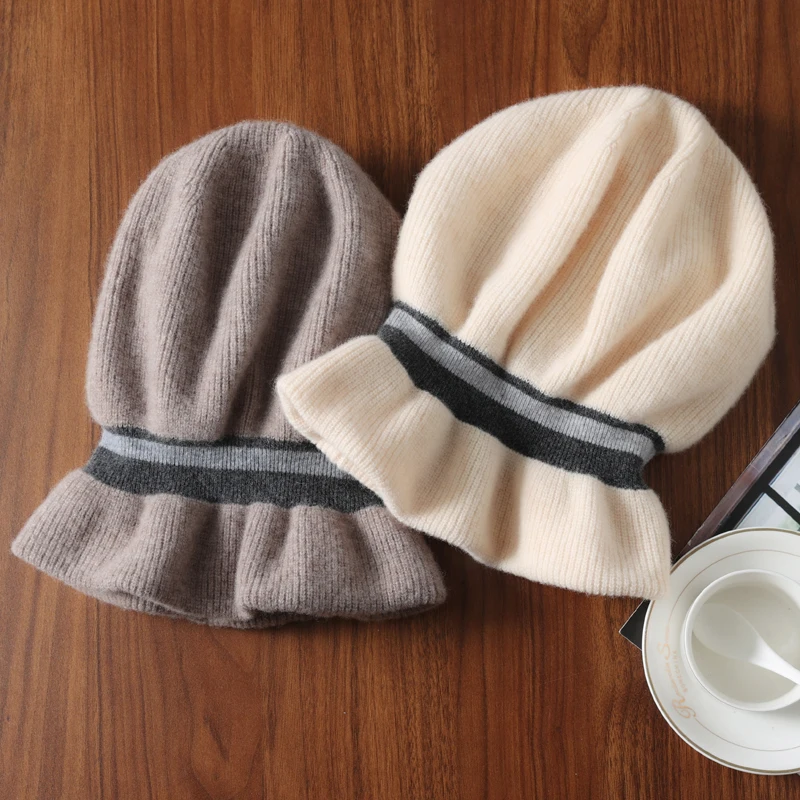 Autumn And Winter New Warm Contrast Striped Wool Hat Female Ear Protection Face Small Version Loose Cashmere Pile Hat