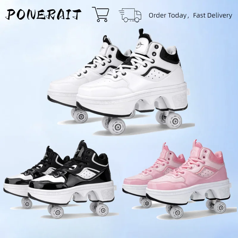 Sneakers Roller Shoes Outdoor Deformation Parkour Skates Dual-Use Children Girls Boys Adult Men Women Unisex Roller Skates