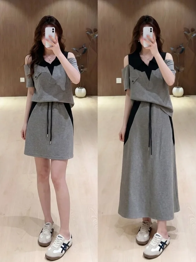 

plus Size Women's Lazy Style Casual Fashion Short Sleeve T-Shirt And High Waist Belted Skirt Two Piece Set Summer New Ar...