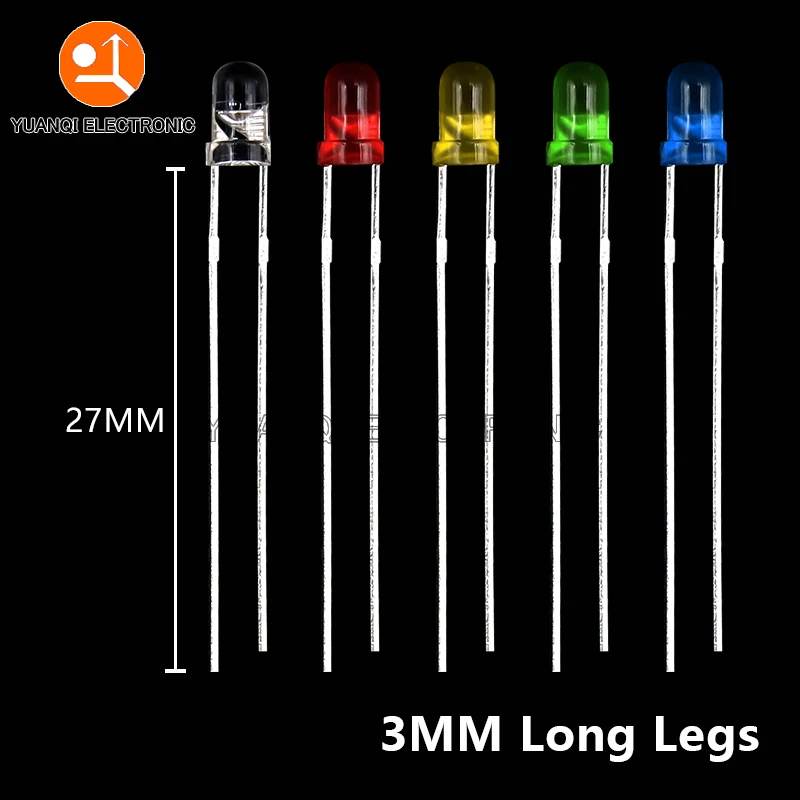 50pcs Long Leg 3MM 5MM LED White Green Red Blue Yellow Orange F5 28mm F3 27mm Length Light Emitting Diode