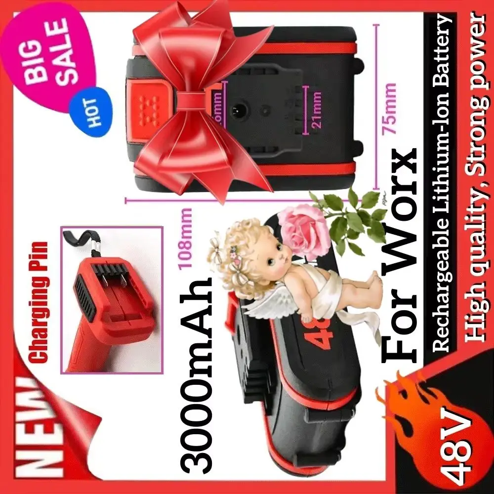 

48V Battery For Worx Rechargeable Li-Ion Battery,Replace 21VF 48VF 88VF Impact Drill Electric Drill Scissor Chainsaw Power Tool