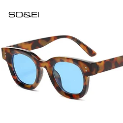 SO&EI Fashion Square Women Clear Ocean Lens Sunglasses Retro Rivets Men Punk Leopard Sun Glasses Shades UV400