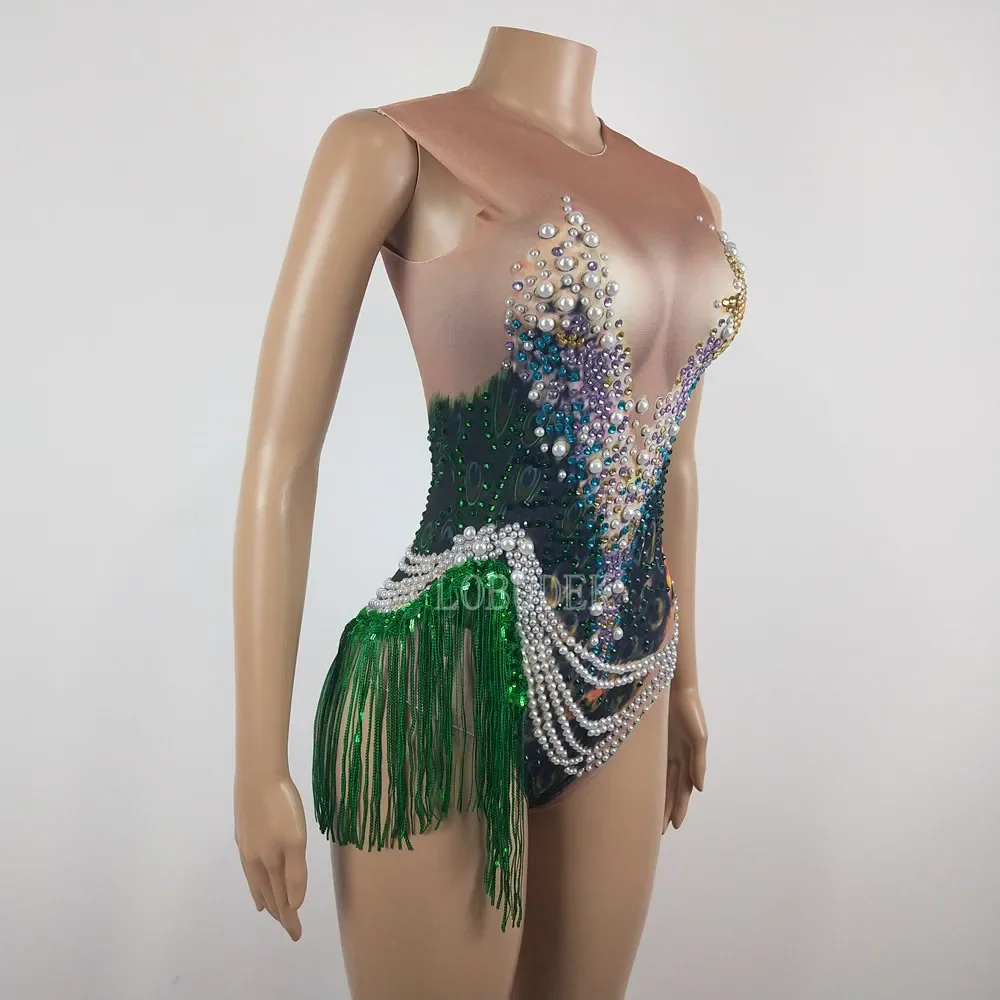 Sexy Peacock Pattern Printed Bodysuit Crystals Pearls Tassel Leotard Bar DJ Women Singer Stage Wear Party Pole Dancing Costume