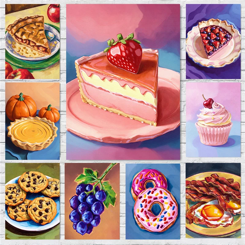 Póster de Arte de Pared con Diseño de Pastel de Manzana, Calabaza y Bayas, Cupcake con Chispas de Chocolate y Donut, Impresión en Lienzo, Decoración para el Hogar, Regalo