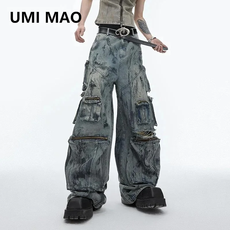 

UMI MAO High Street Men's Jeans Worn-out Multi Pocket Design Hand Painting Hole Straight Loose Male Denim Pants Summer